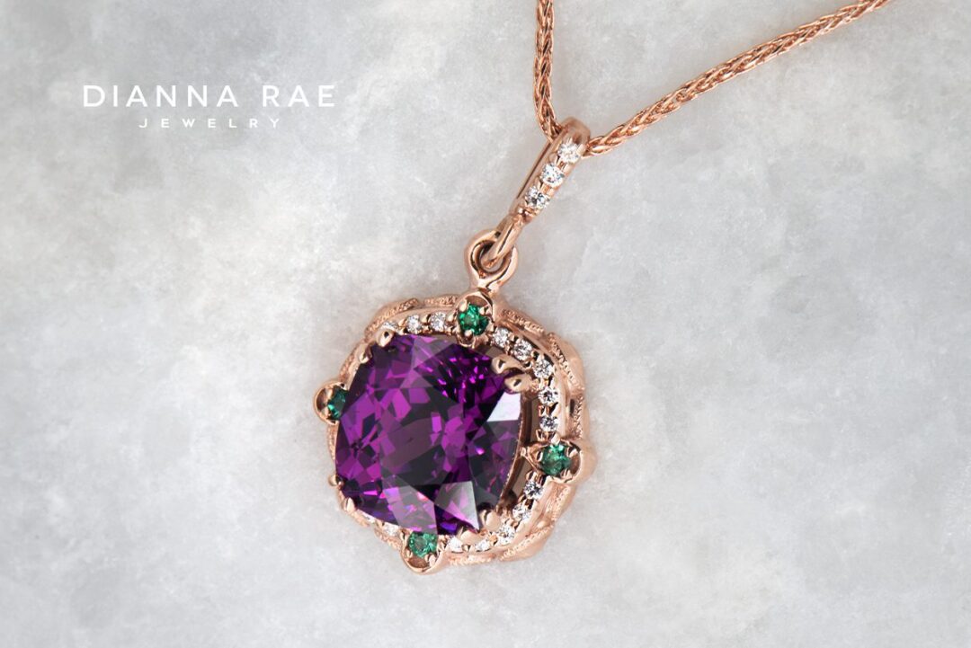 Rose Gold Cushion-Cut Purple Garnet Halo Pendant with Diamond and Emerald Accents - Image 2