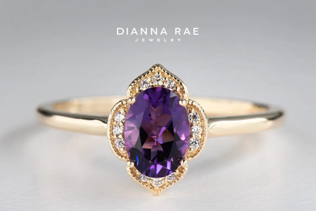 Yellow Gold Oval Amethyst and CZ Floral Halo Ring