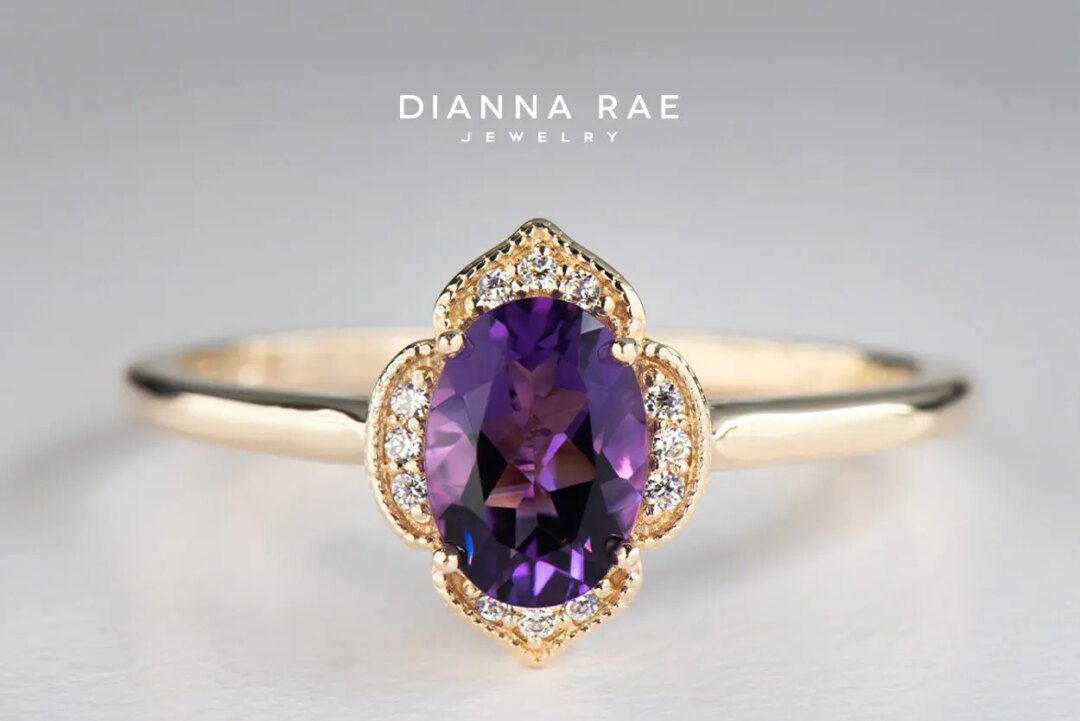 Yellow Gold Oval Amethyst and CZ Floral Halo Ring