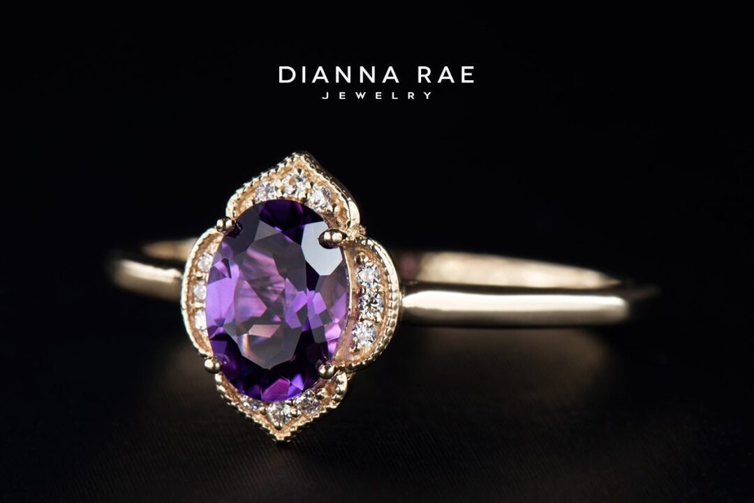 Yellow Gold Oval Amethyst and CZ Floral Halo Ring - Image 2