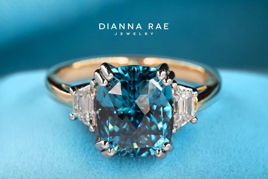 Two-Tone Cushion Blue Zircon Cocktail Three-Stone Ring with Trapezoid Diamond Sides - Image 3
