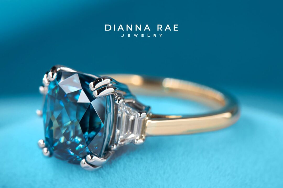 Two-Tone Cushion Blue Zircon Cocktail Three-Stone Ring with Trapezoid Diamond Sides - Image 2