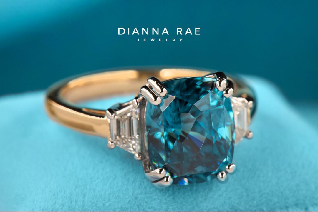 Two-Tone Cushion Blue Zircon Cocktail Three-Stone Ring with Trapezoid Diamond Sides