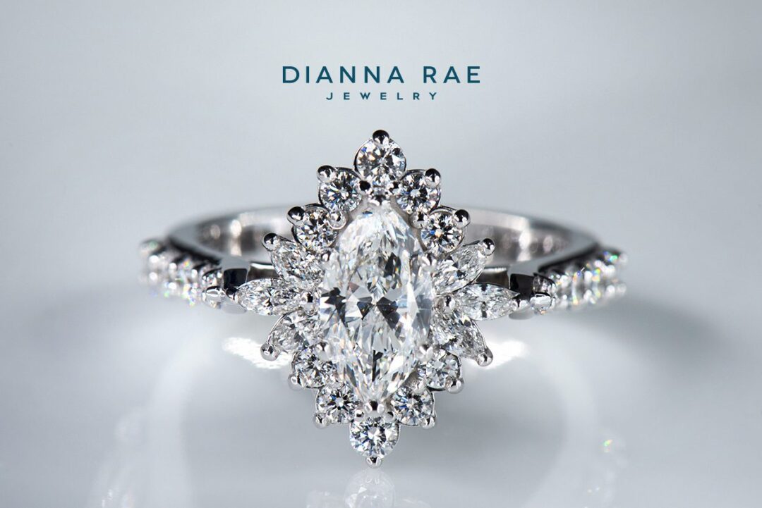 White Gold Marquise Diamond Halo Engagement Ring with Round Diamond Accents - Image 3