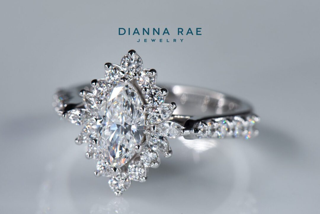 White Gold Marquise Diamond Halo Engagement Ring with Round Diamond Accents - Image 2