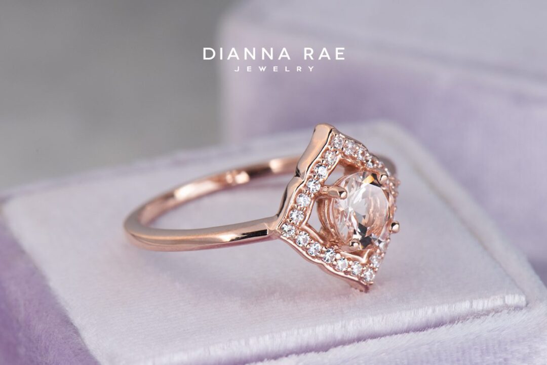 Rose Gold Round Peach Morganite Halo Ring with CZ Accents - Image 2
