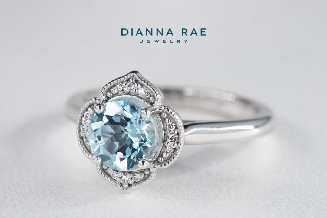 White Gold Round Sky Blue Topaz Halo Ring with CZ Accents - Image 3