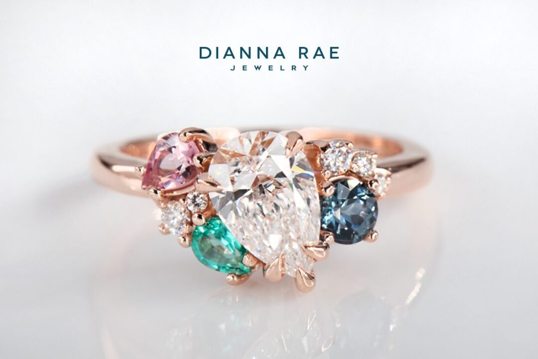 Rose Gold Asymmetrical Lab-Grown Diamond & Gemstone Ring - Image 4