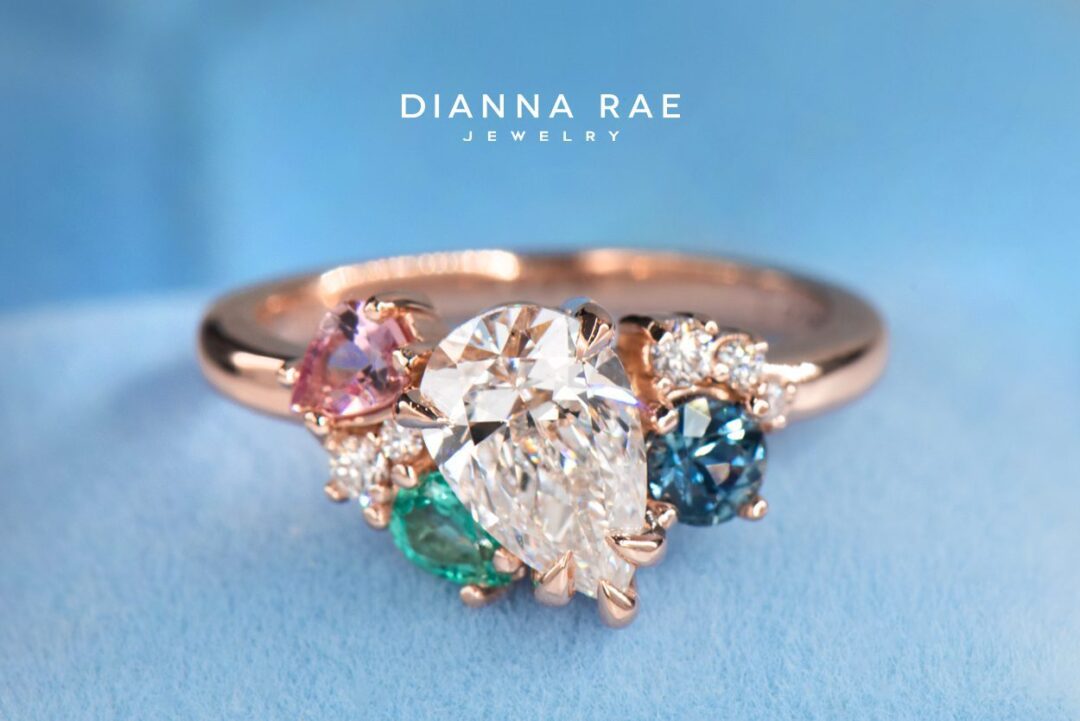 Rose Gold Asymmetrical Lab-Grown Diamond & Gemstone Ring - Image 3