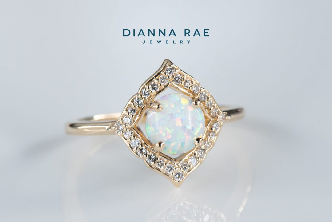 Yellow Gold Round Imitation Opal Halo Ring with Lab-Grown Diamond Accents - Image 2