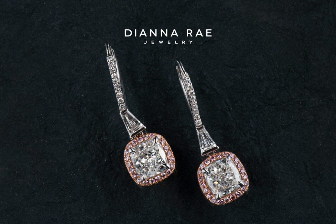 Couture Two-Tone Cushion Diamond Dangle Earrings with Natural Pink Diamond Halo - Image 2