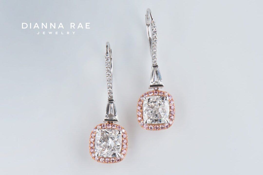 Couture Two-Tone Cushion Diamond Dangle Earrings with Natural Pink Diamond Halo