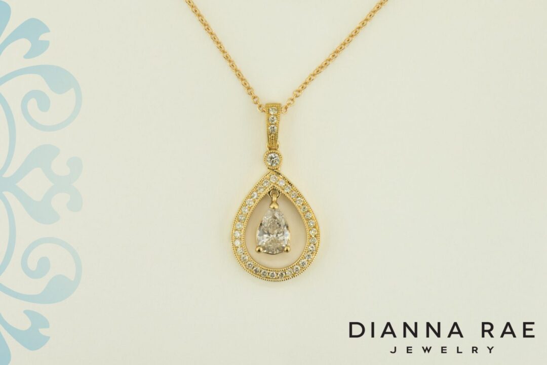 Yellow Gold Pear Diamond Pendant with Halo and Milgrain Accents