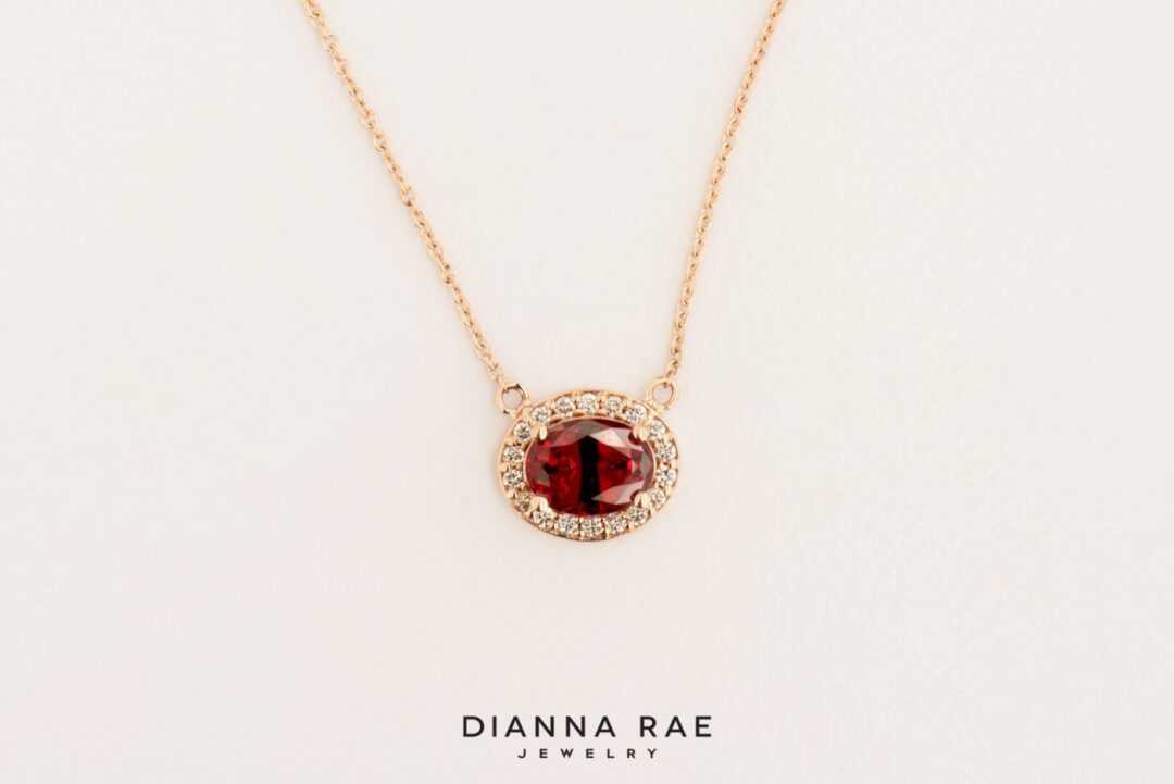 Rose Gold Oval Ruby Halo Necklace
