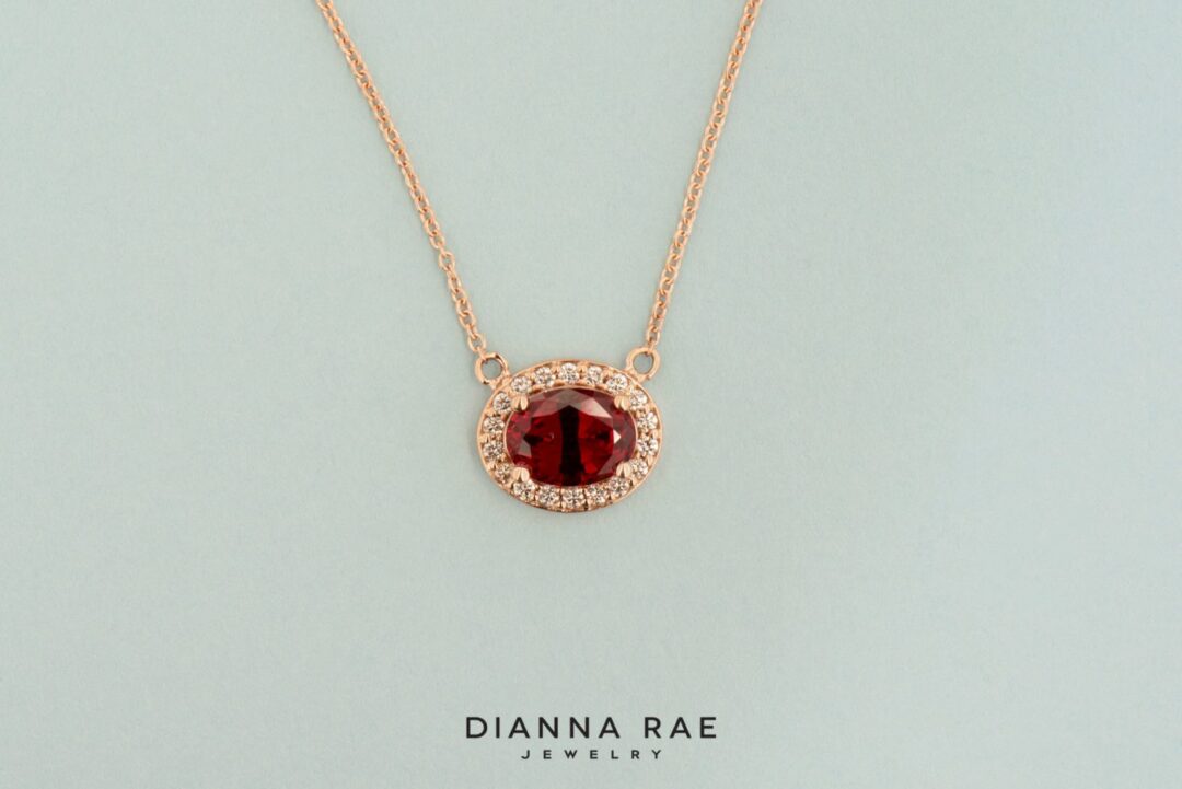 Rose Gold Oval Ruby Halo Necklace - Image 2