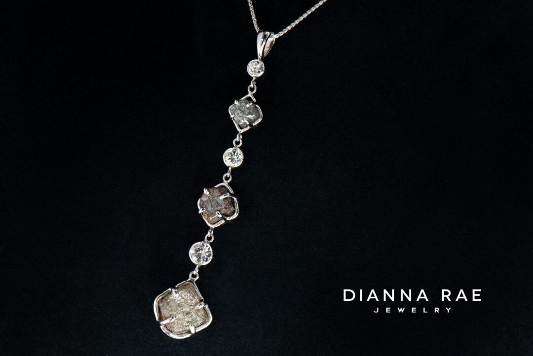 White Gold Raw Diamond Dangle Pendant with Bezel-Set Round Brilliant Diamond Accents