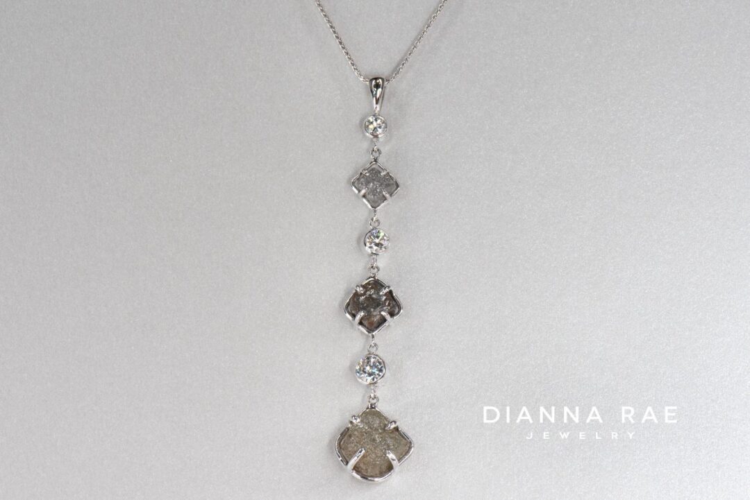 White Gold Raw Diamond Dangle Pendant with Bezel-Set Round Brilliant Diamond Accents - Image 3