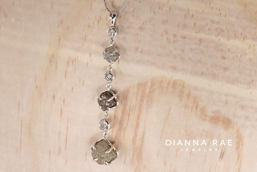 White Gold Raw Diamond Dangle Pendant with Bezel-Set Round Brilliant Diamond Accents - Image 2