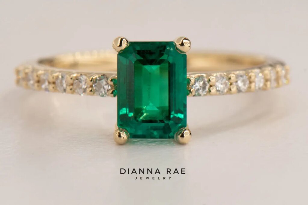 14K Yellow Gold Lab Grown Emerald Ring with Lab Diamond Accents