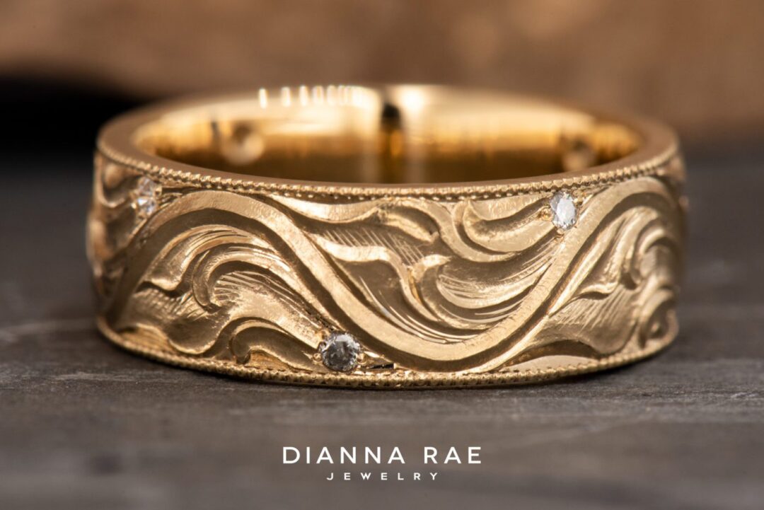 14k Yellow Gold Hand-Engraved Men's Wedding Band - Image 3