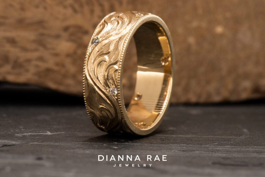 14k Yellow Gold Hand-Engraved Men's Wedding Band - Image 4