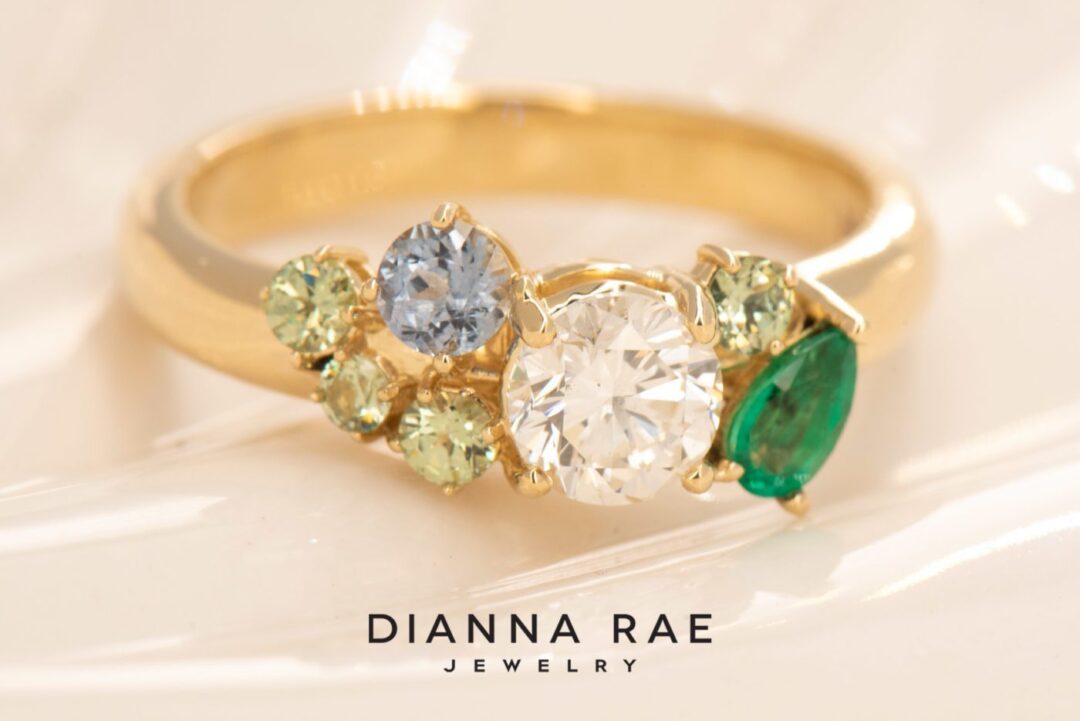 14k Yellow Gold Diamond, Demantoid Garnet, Sapphire, and Emerald Family Ring - Image 6