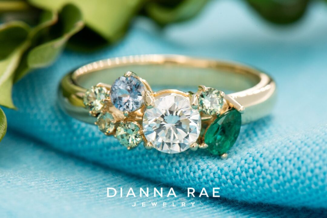 14k Yellow Gold Diamond, Demantoid Garnet, Sapphire, and Emerald Family Ring - Image 4