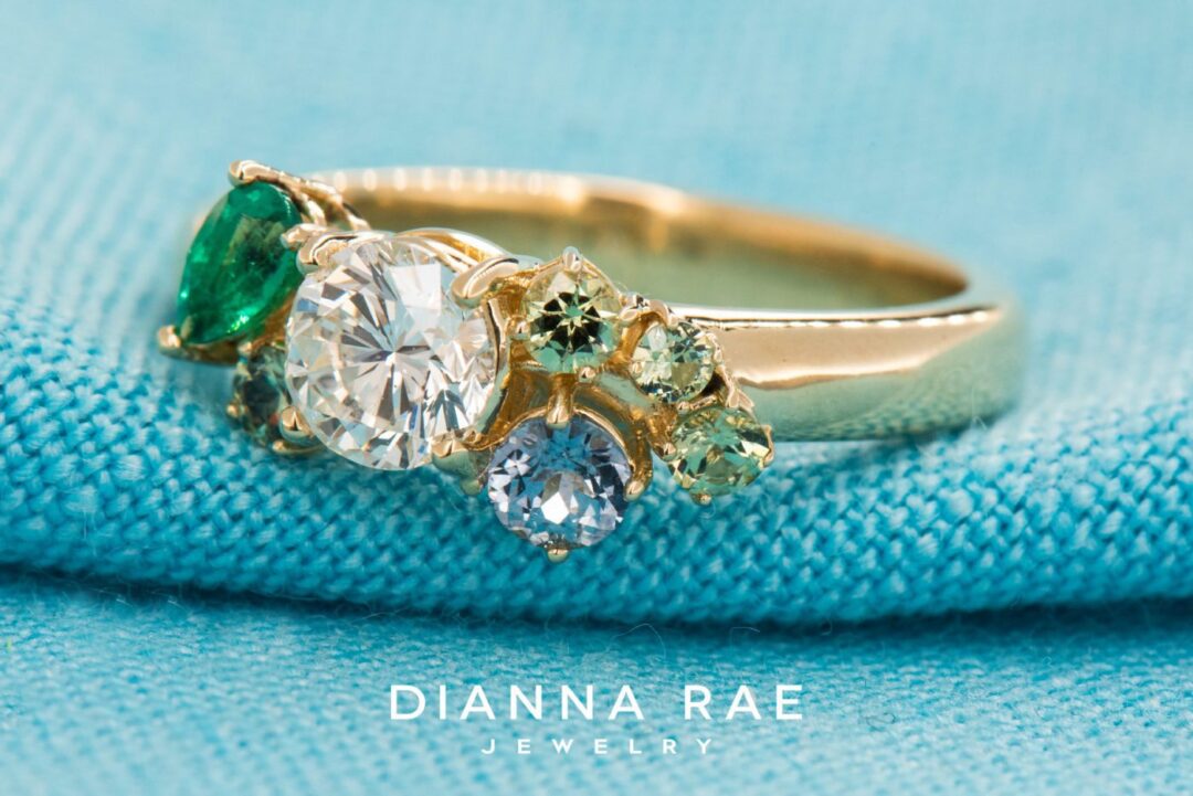14k Yellow Gold Diamond, Demantoid Garnet, Sapphire, and Emerald Family Ring - Image 5