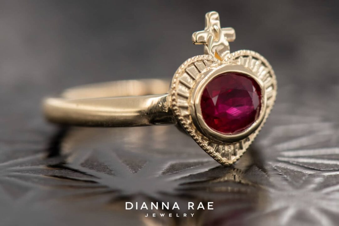 14k Yellow Gold Sacred Heart Ruby Pinky Ring - Image 3