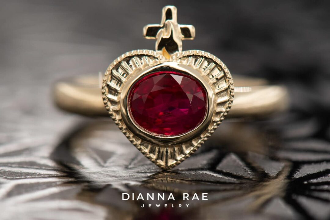 14k Yellow Gold Sacred Heart Ruby Pinky Ring - Image 4