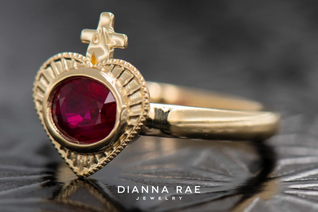 14k Yellow Gold Sacred Heart Ruby Pinky Ring - Image 5