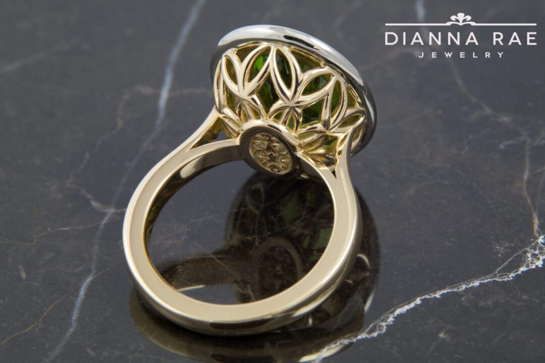 Two-tone Peridot and Blue Diamond Halo Ring - Image 2