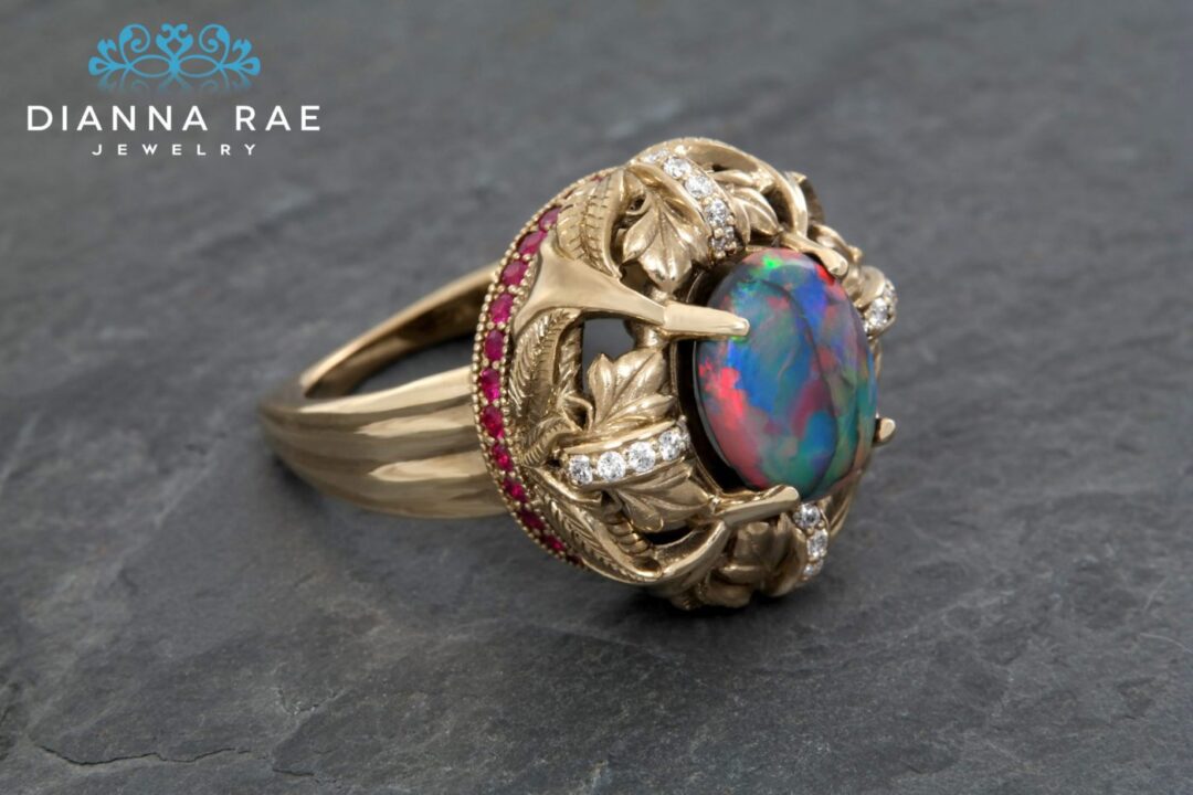 Yellow Gold Black Opal Diamond and Ruby Accent Ring