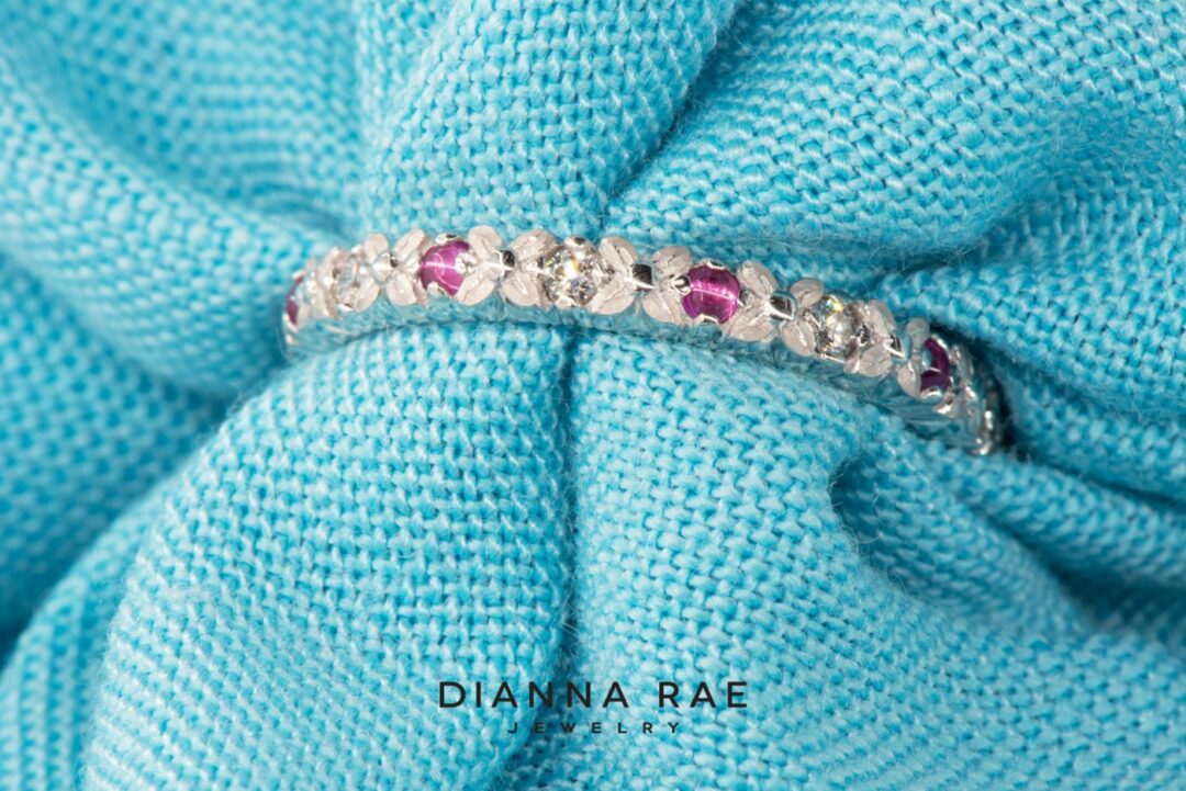 White Gold Hand Engraved Eternity Band with Rubies and Diamonds