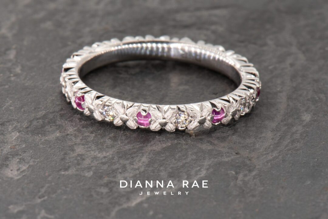 White Gold Hand Engraved Eternity Band with Rubies and Diamonds - Image 2