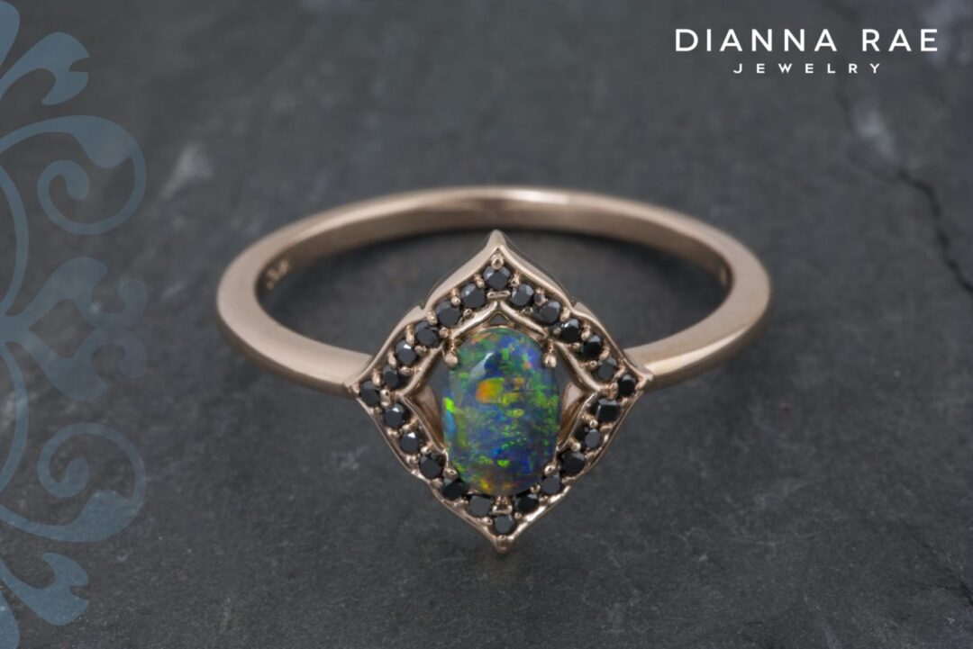 Rose Gold Black Opal and Black Diamond Halo Ring