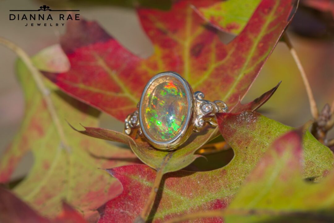 Yellow Gold Filigree Ring with Mexican Fire Opal