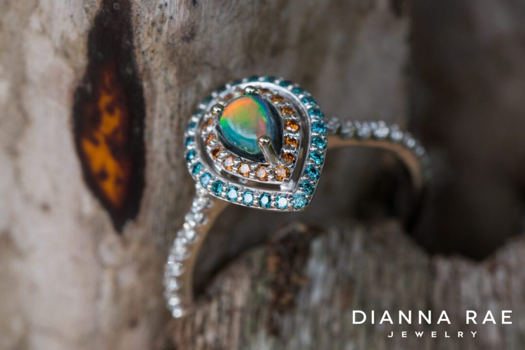 White Gold Pear Black Opal with Orange and Blue Diamond Halos