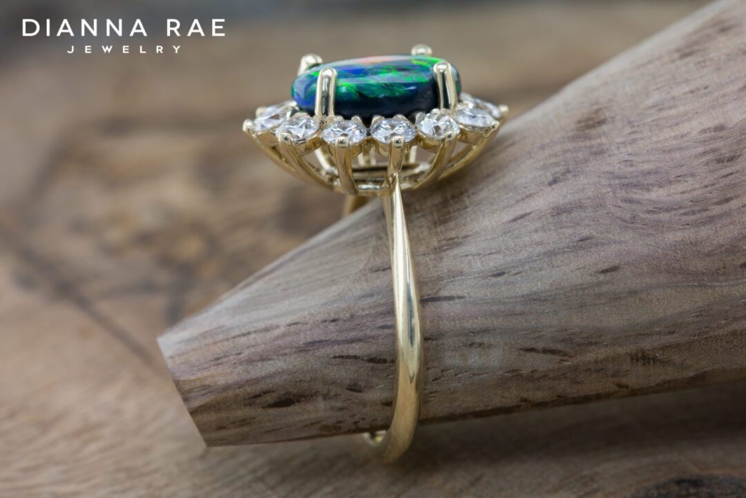 Yellow Gold Black Opal and Diamond Cluster Ring
