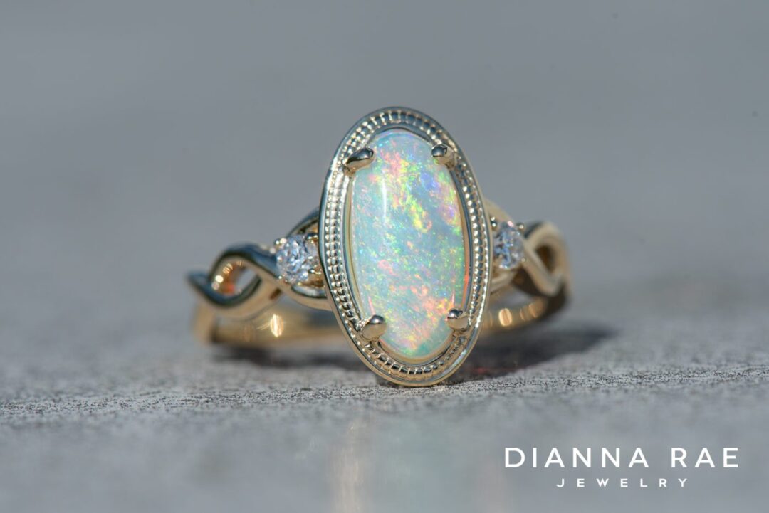 Yellow Gold Opal Criss-Cross Ring with Diamonds