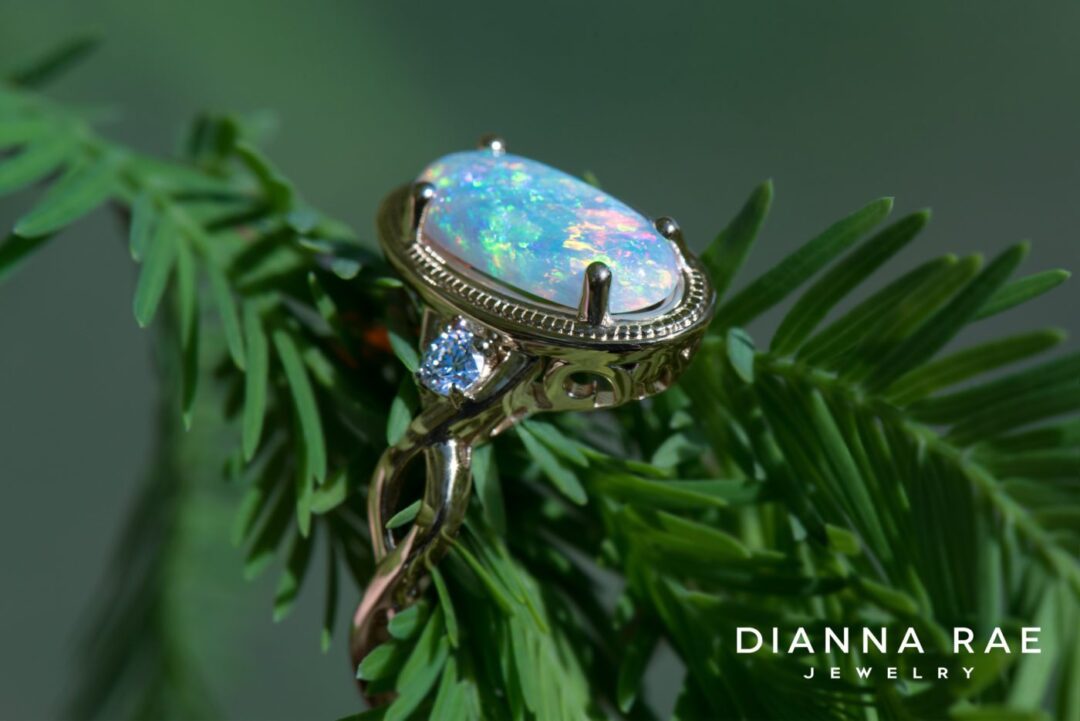Yellow Gold Opal Criss-Cross Ring with Diamonds - Image 2
