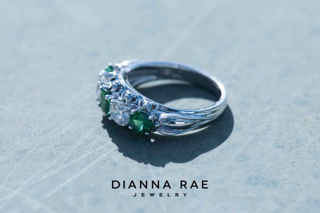 White Gold Five Stone Diamond and Tsavorite Garnet Ring