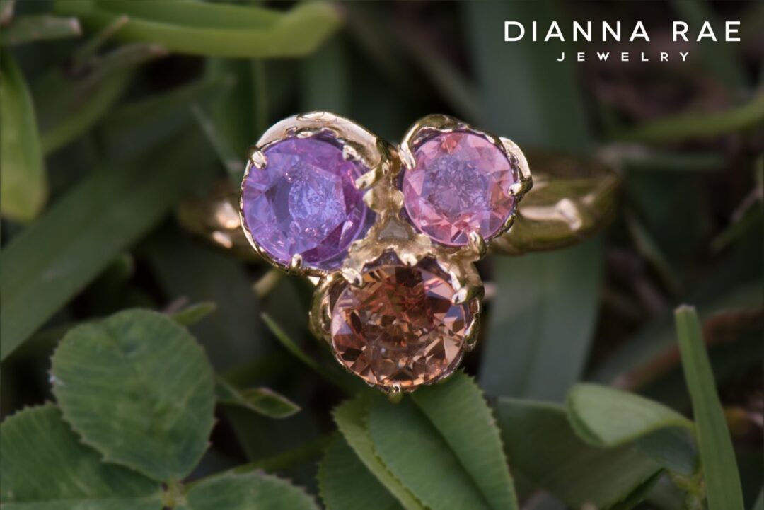 Yellow Gold Three Stone Sapphire Ring with Hidden Diamonds