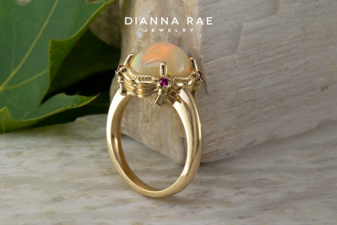 Yellow Gold Theatre Ring with Ethiopian Opal and Burmese Ruby Accents - Image 2