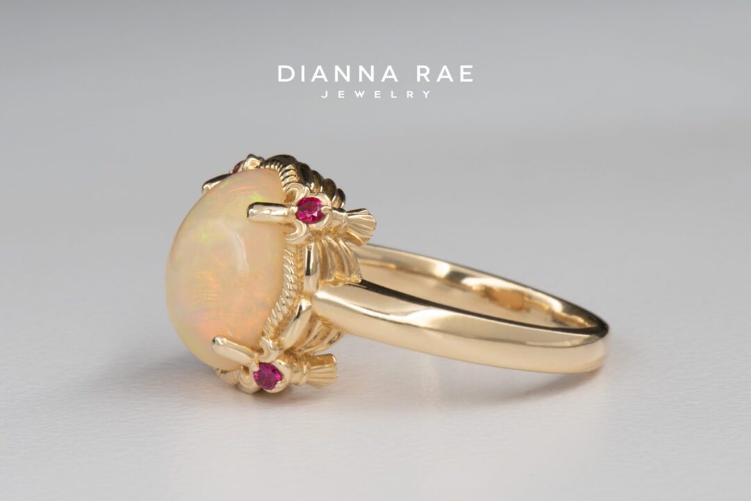 Yellow Gold Theatre Ring with Ethiopian Opal and Burmese Ruby Accents - Image 3