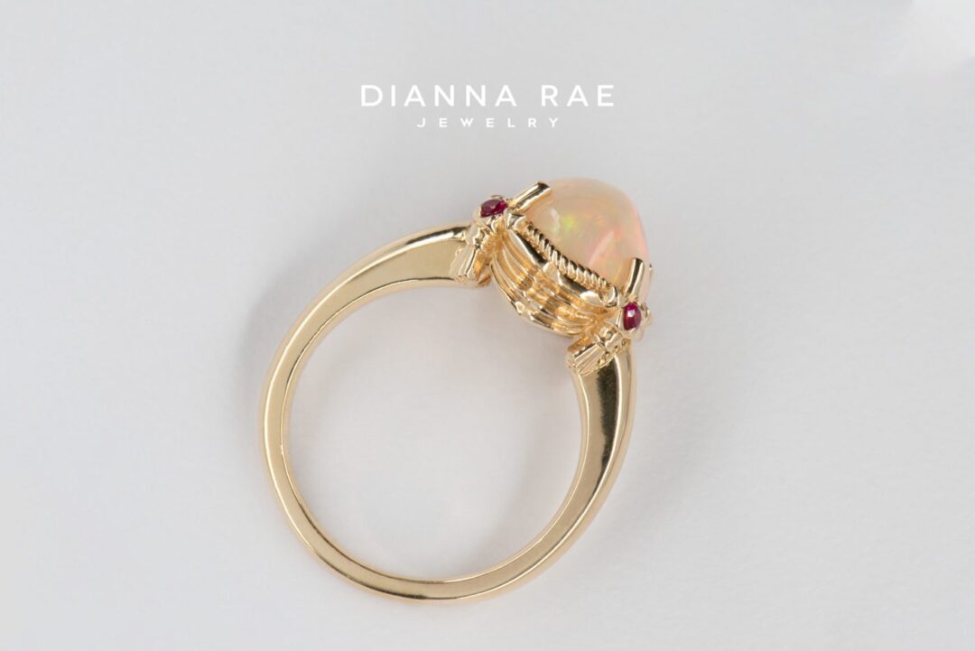 Yellow Gold Theatre Ring with Ethiopian Opal and Burmese Ruby Accents - Image 4