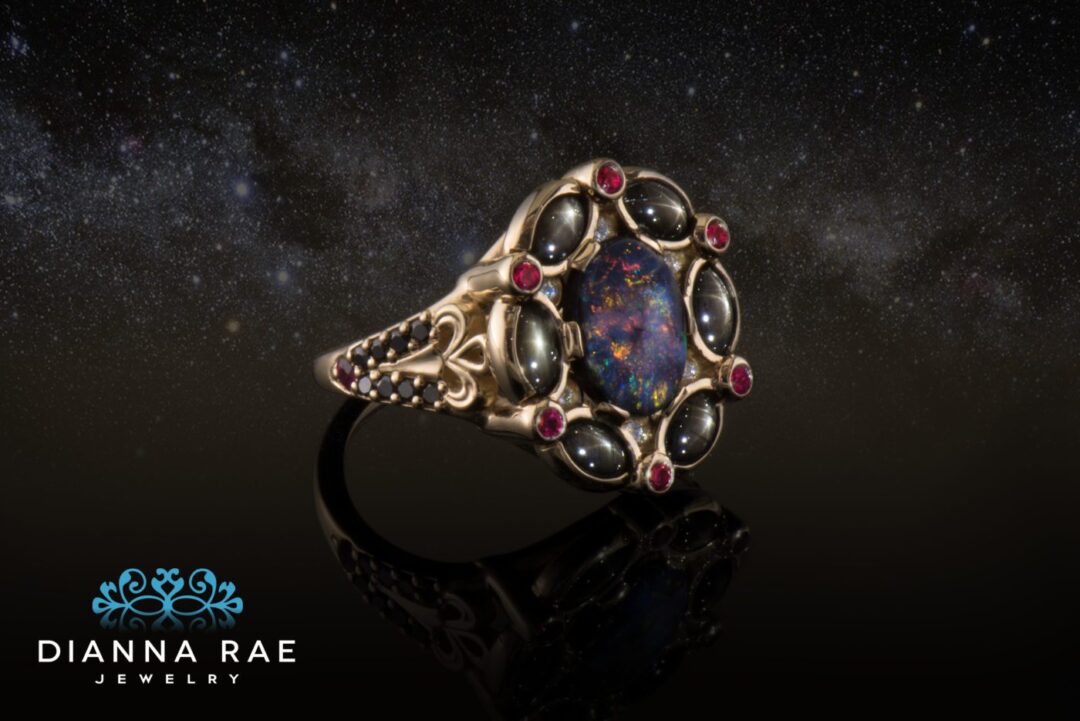 Galaxy - Yellow Gold Black Opal Black Star Sapphire Ruby and Diamond Fashion Ring - Image 3