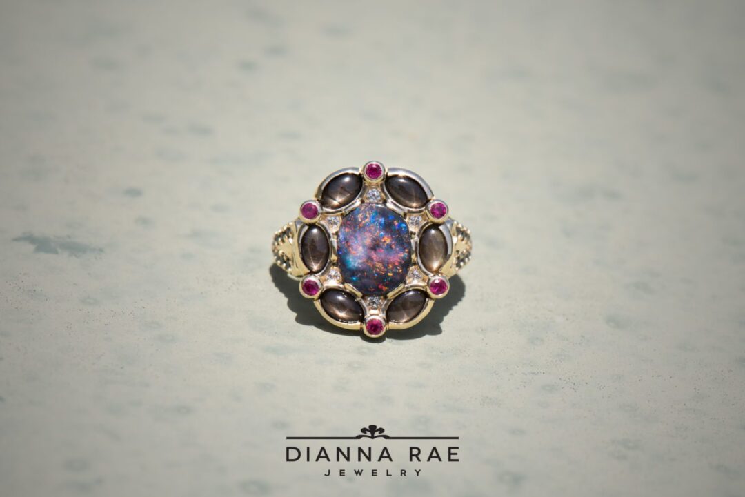 Galaxy - Yellow Gold Black Opal Black Star Sapphire Ruby and Diamond Fashion Ring - Image 2
