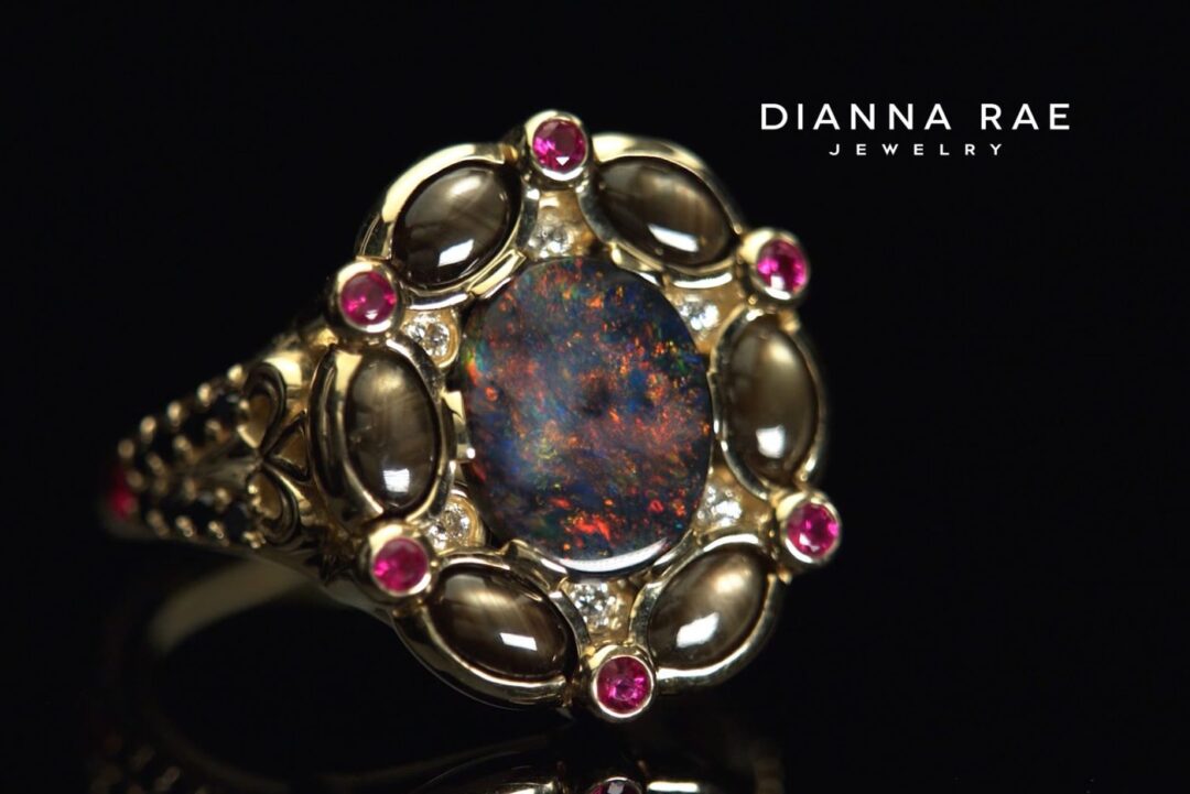 Galaxy - Yellow Gold Black Opal Black Star Sapphire Ruby and Diamond Fashion Ring
