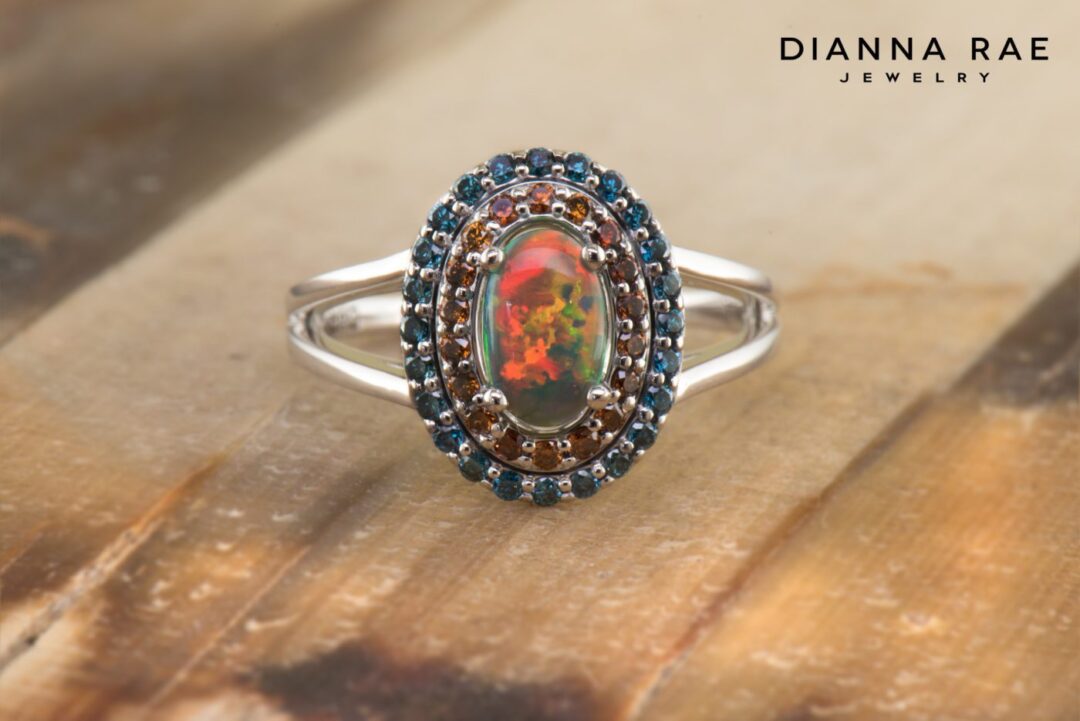 White Gold Black Opal Ring with Colored Diamond Halo